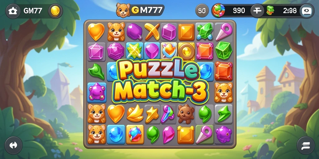 Tampilan antarmuka permainan Puzzle Match-3 GM777 yang menarik.